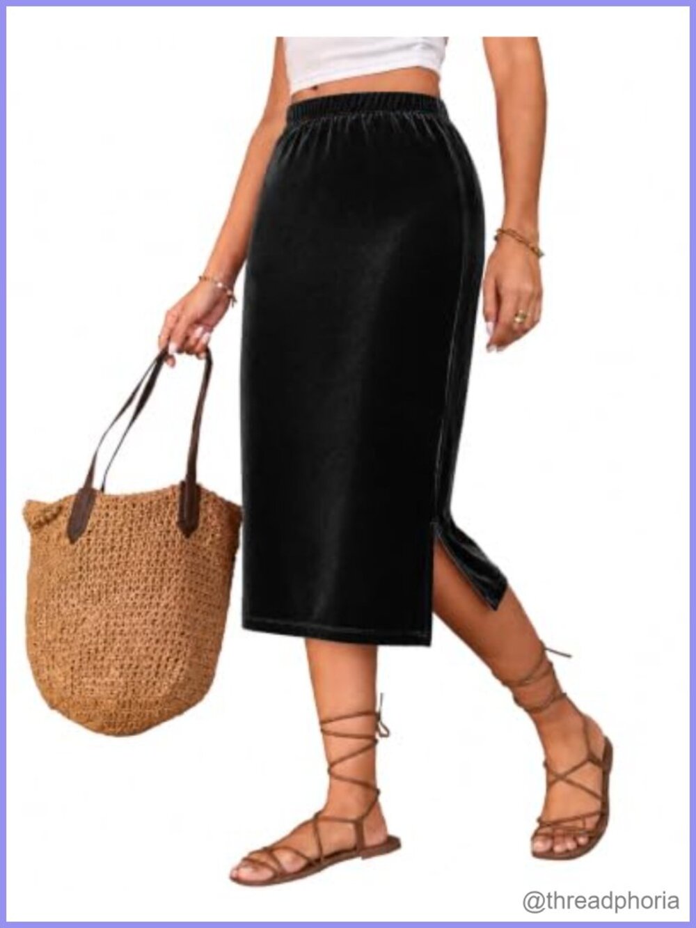 Velvet Midi Skirt High Waist Straight Side Slit Womens